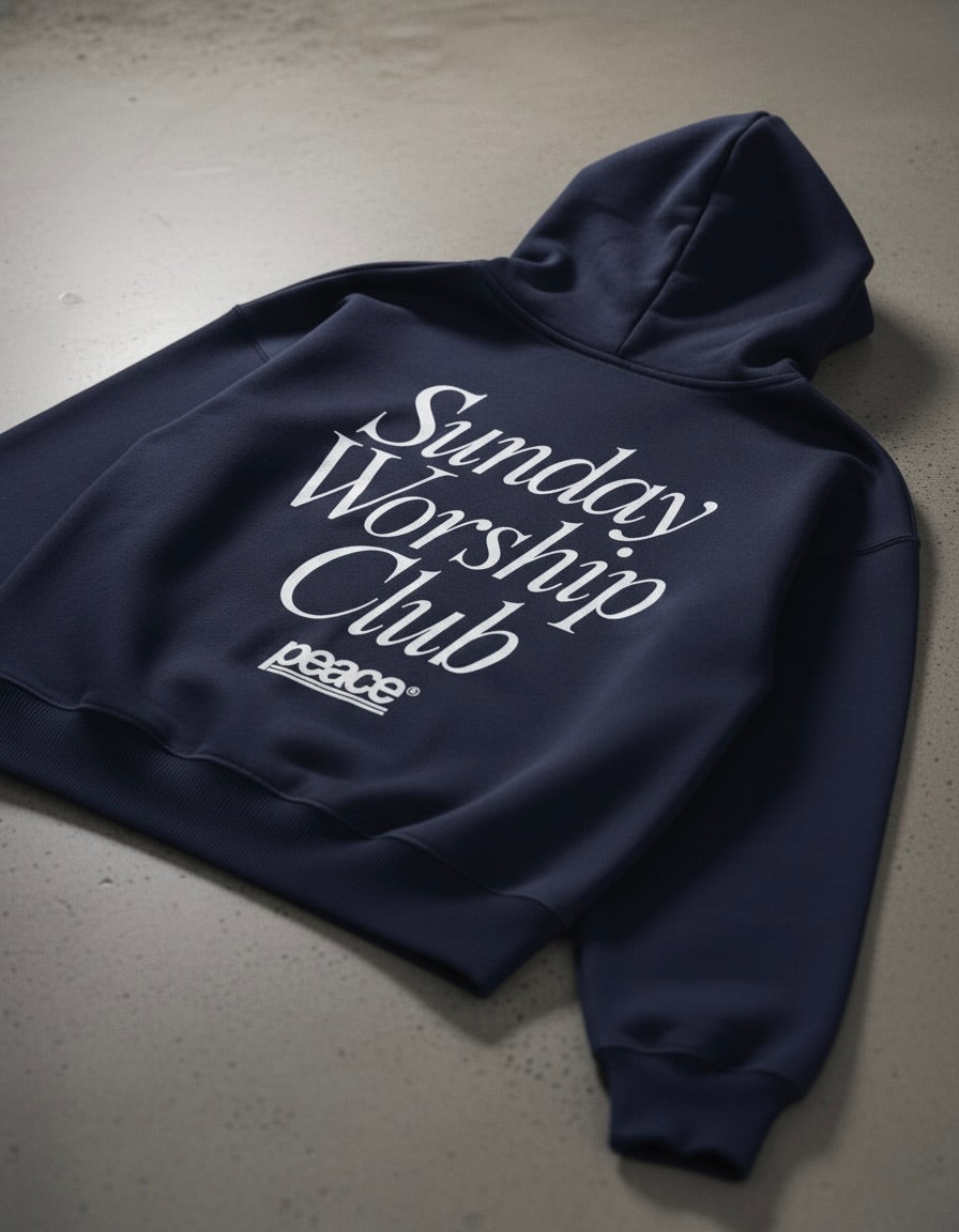 Sunday Worship Club Navy Blue Oversized Heavyweight Hoodie | Peace®