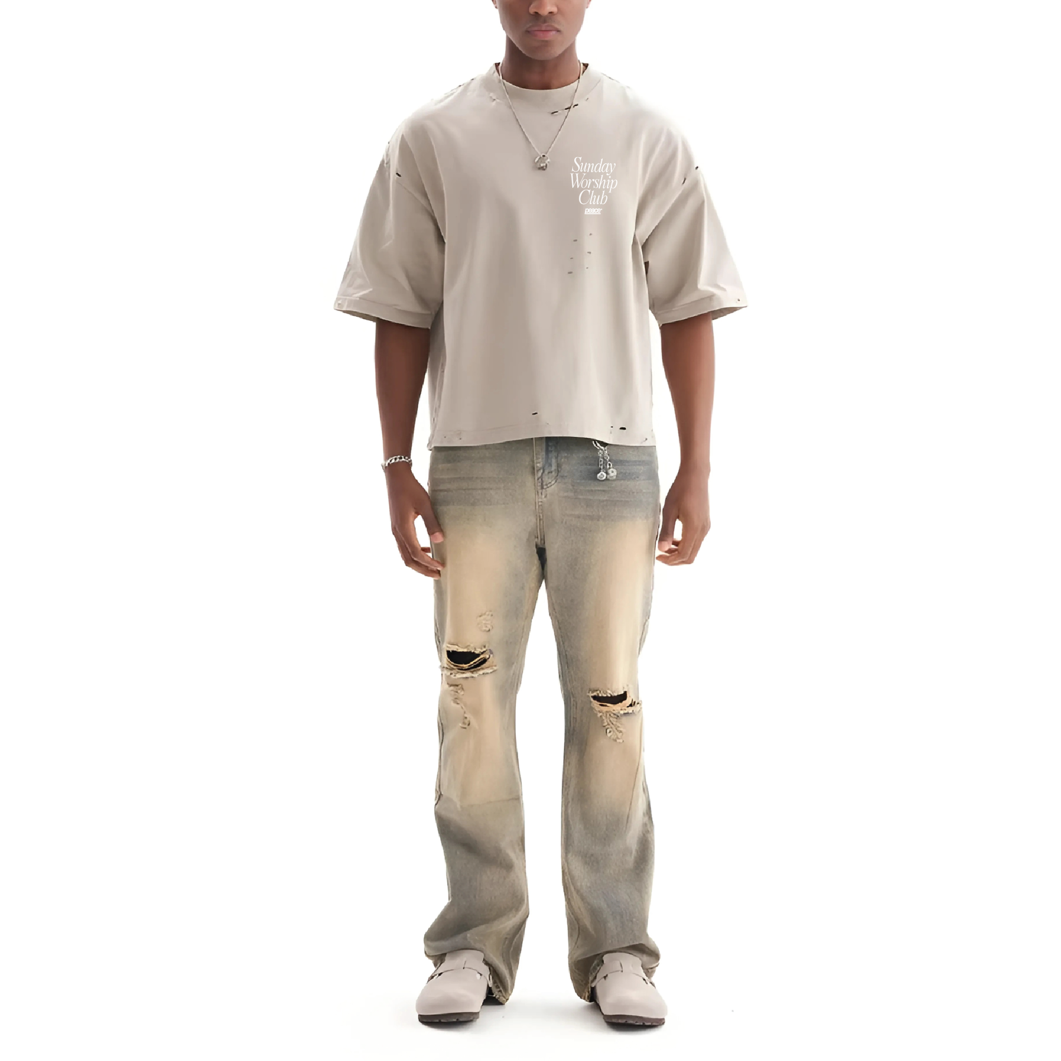 Sunday Worship Club Frayed Boxy Tee Wash Beige | Peace® ODMPOD