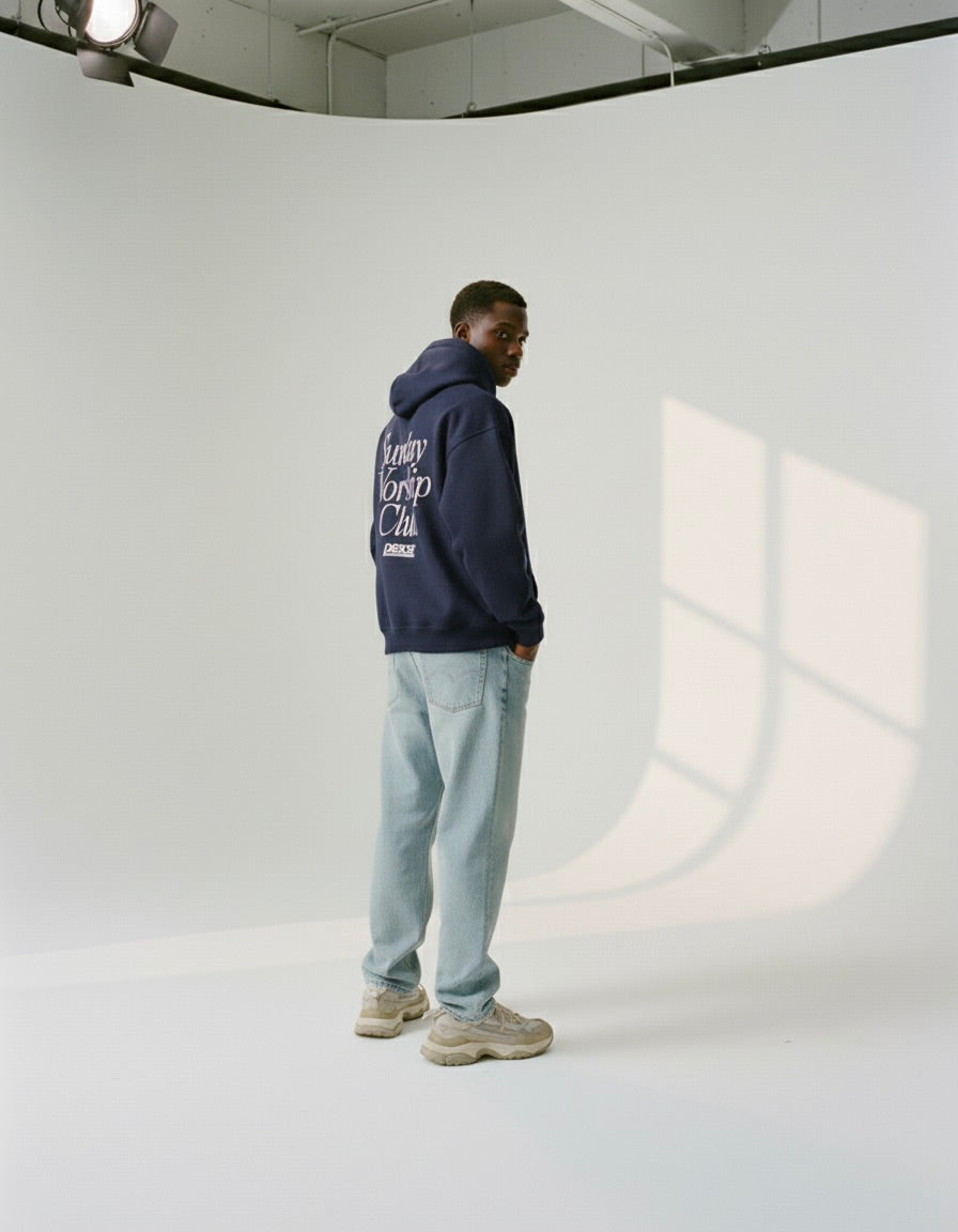 Sunday Worship Club Navy Blue Oversized Heavyweight Hoodie | Peace®