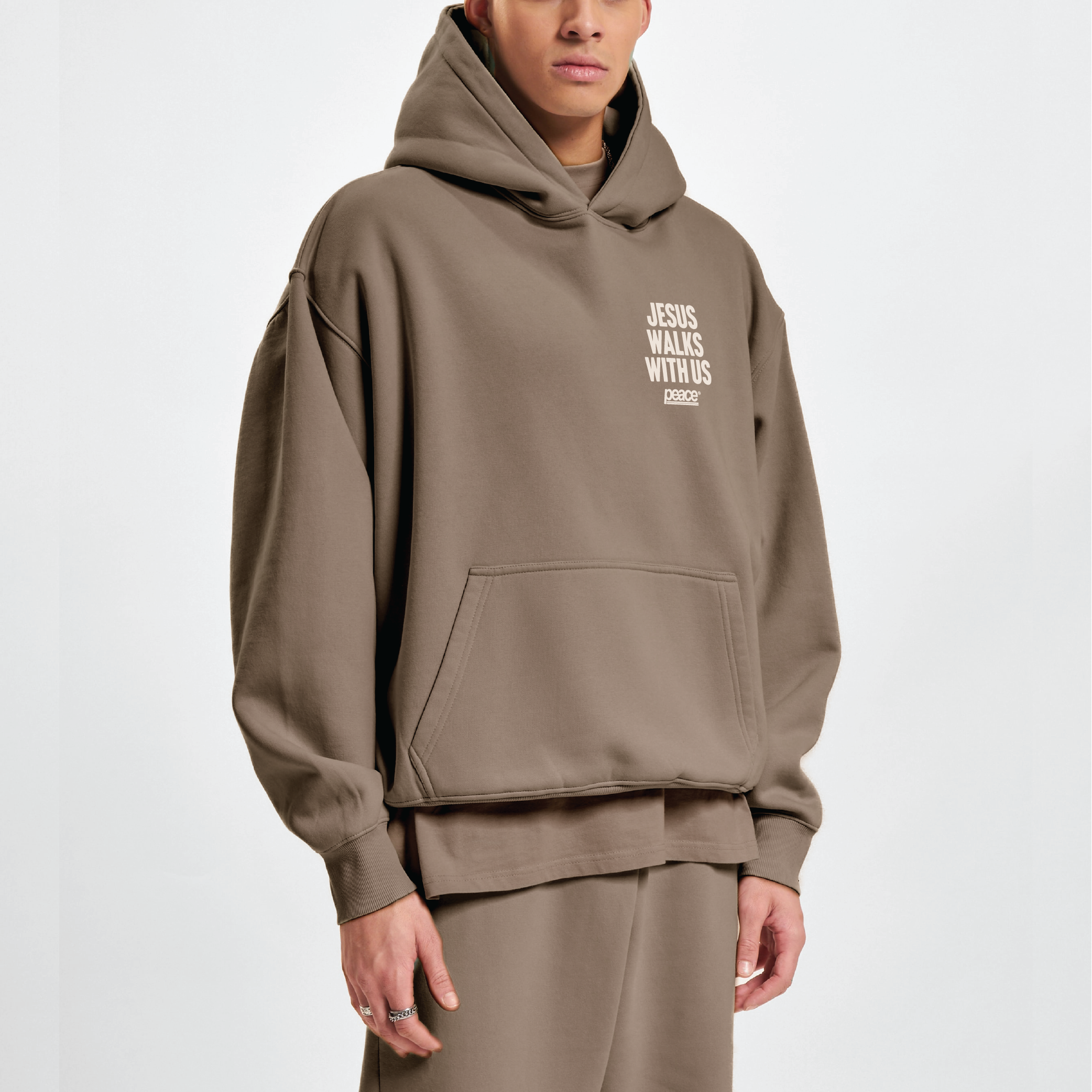 Jesus Walks With Us Gray Coffee Oversized Heavyweight Hoodie | Peace® ODMPOD