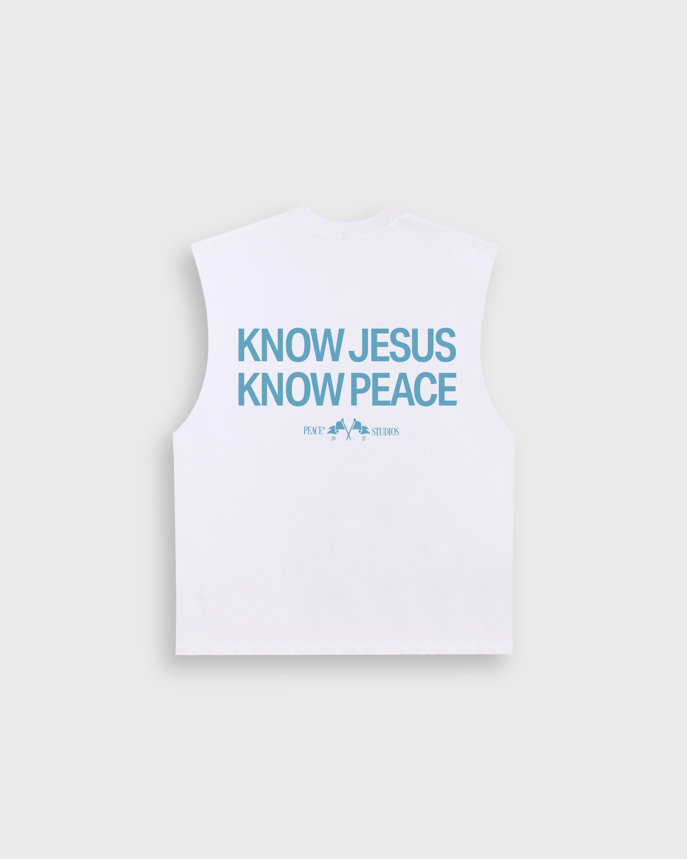 Know Jesus, Know Peace White Blue Raw Edge Tank Top | Peace®