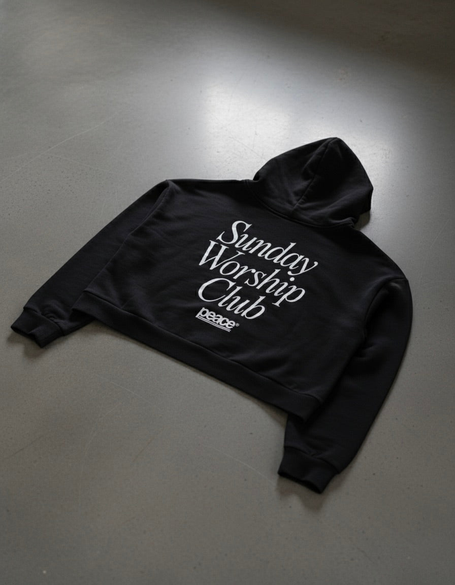 Sunday Worship Club Premium Black Boxy Hoodie | Peace®